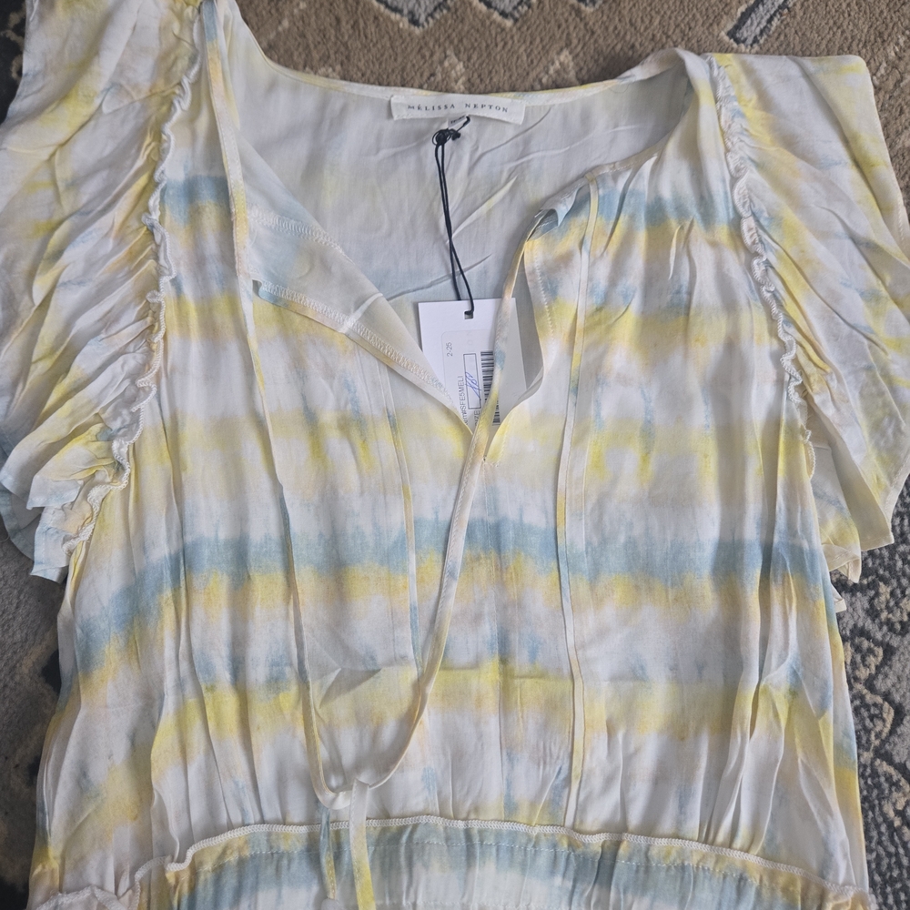 Nwt MELISSA NEPTON Yellow & White Striped Midi Dress | Ruffle Hem Feminine - Picture 7 of 7